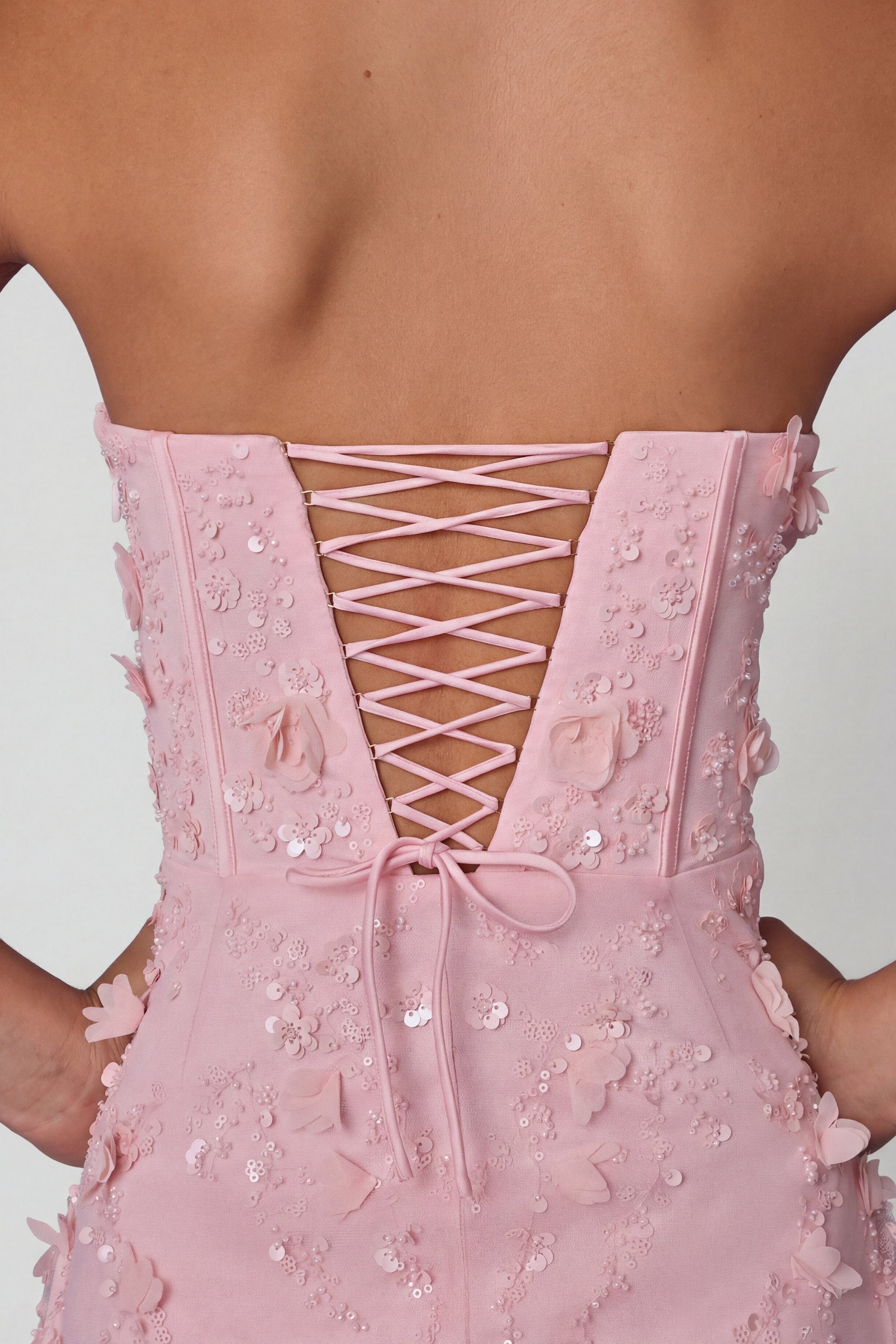 Bağcıklı Korset Midaxi Elbise Pastel Pembe Yırtmaçlı