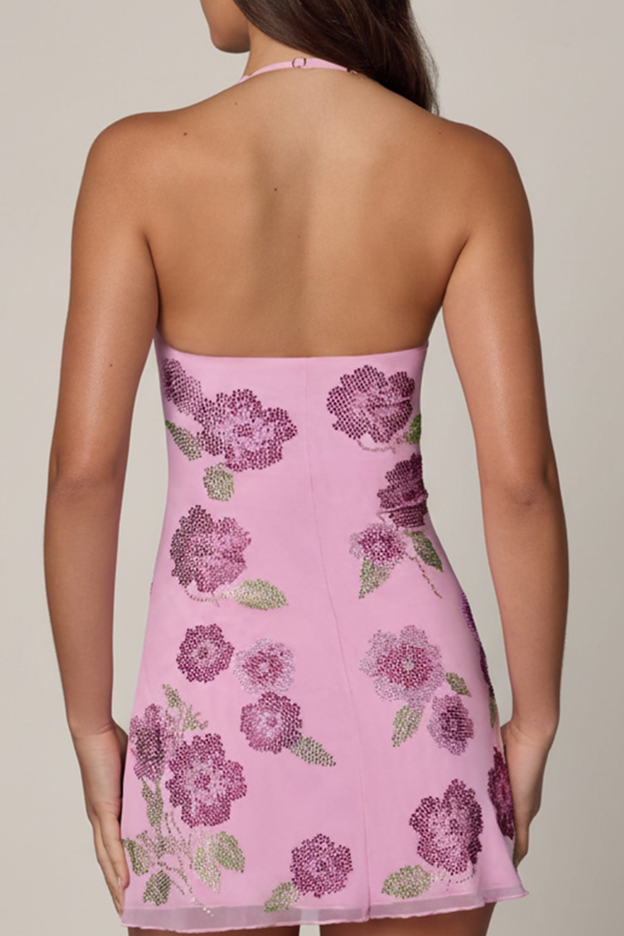 Süslemeli Halter Yaka Mini Elbise -Pudra Pembe