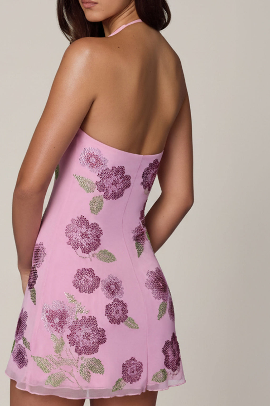 Süslemeli Halter Yaka Mini Elbise -Pudra Pembe