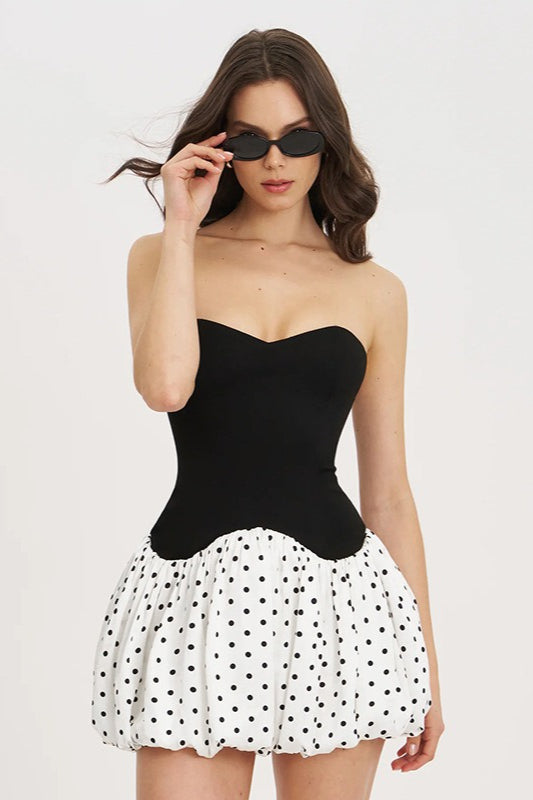 Puantiyeli Straplez Bodycon Mini Elbise