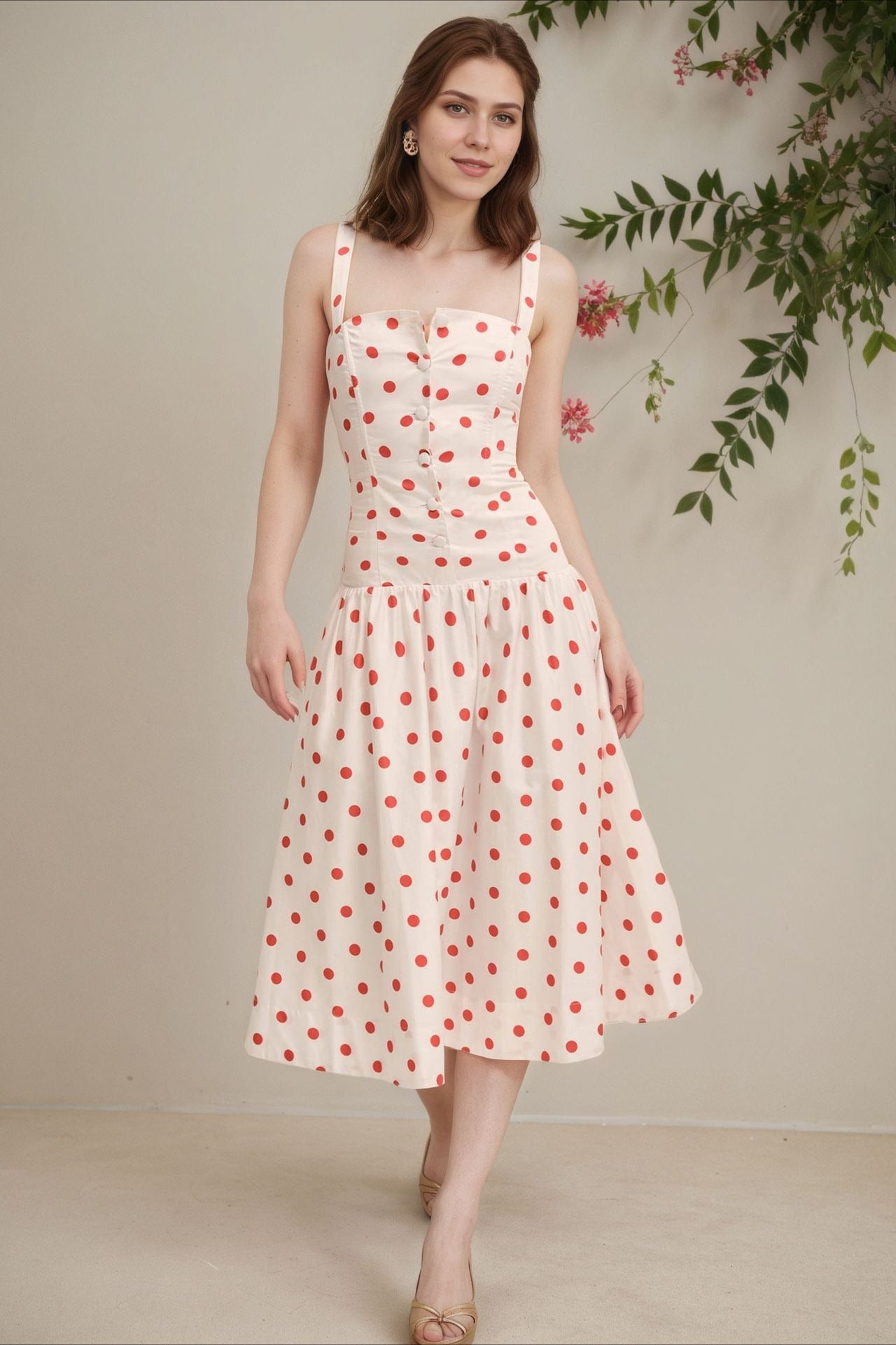Puantiyeli İnce Askılı Bodycon Maxi Elbise
