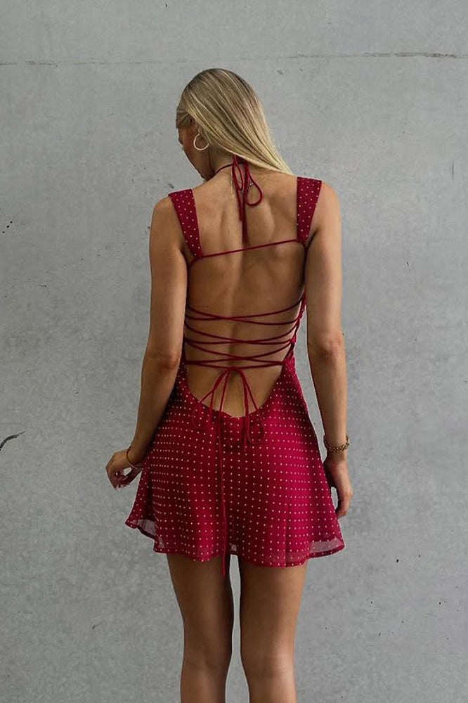 Şifon Askılı Sırtı Açık Bodycon Mini Elbise