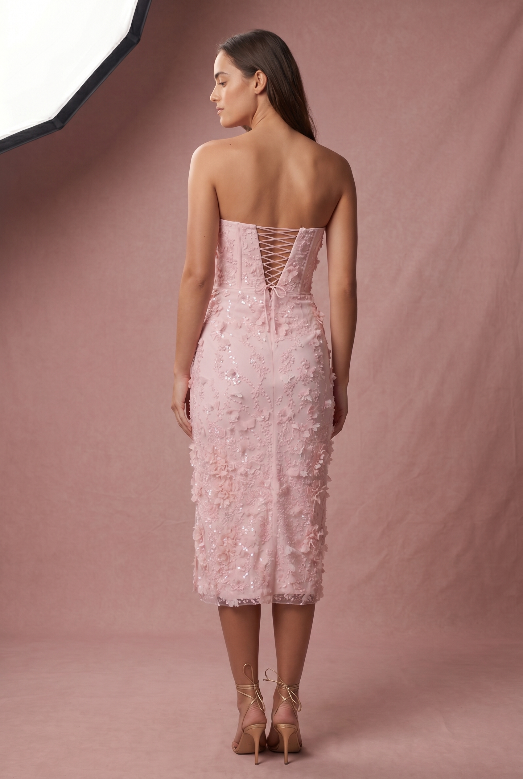 Bağcıklı Korset Midaxi Elbise Pastel Pembe Yırtmaçlı