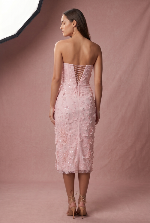 Bağcıklı Korset Midaxi Elbise Pastel Pembe Yırtmaçlı