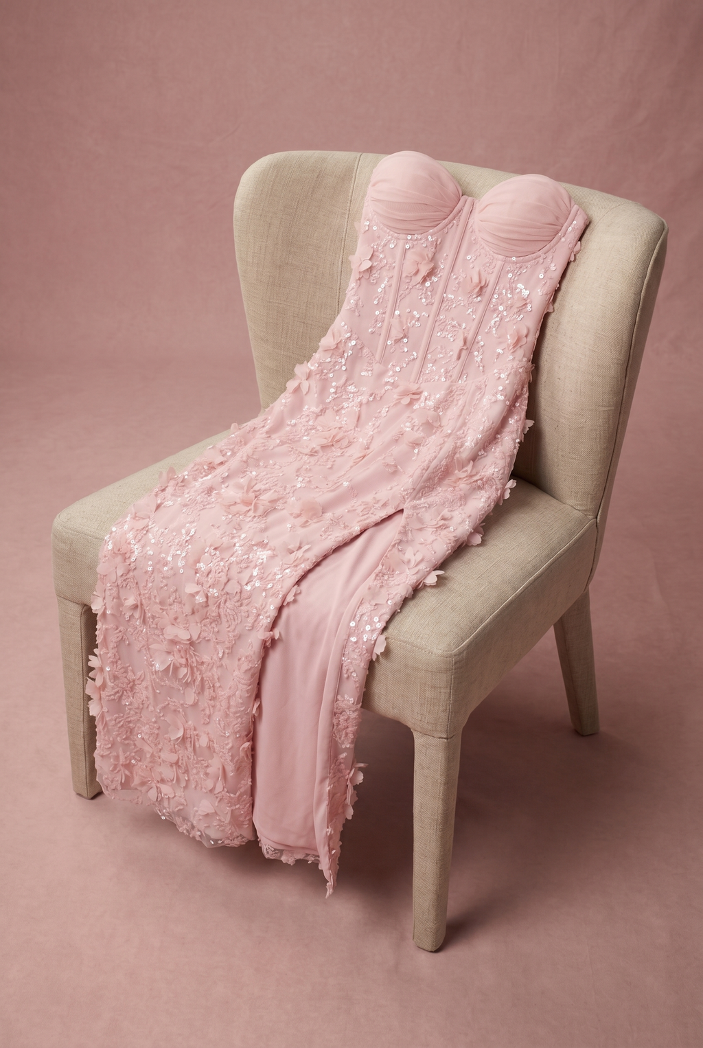 Bağcıklı Korset Midaxi Elbise Pastel Pembe Yırtmaçlı