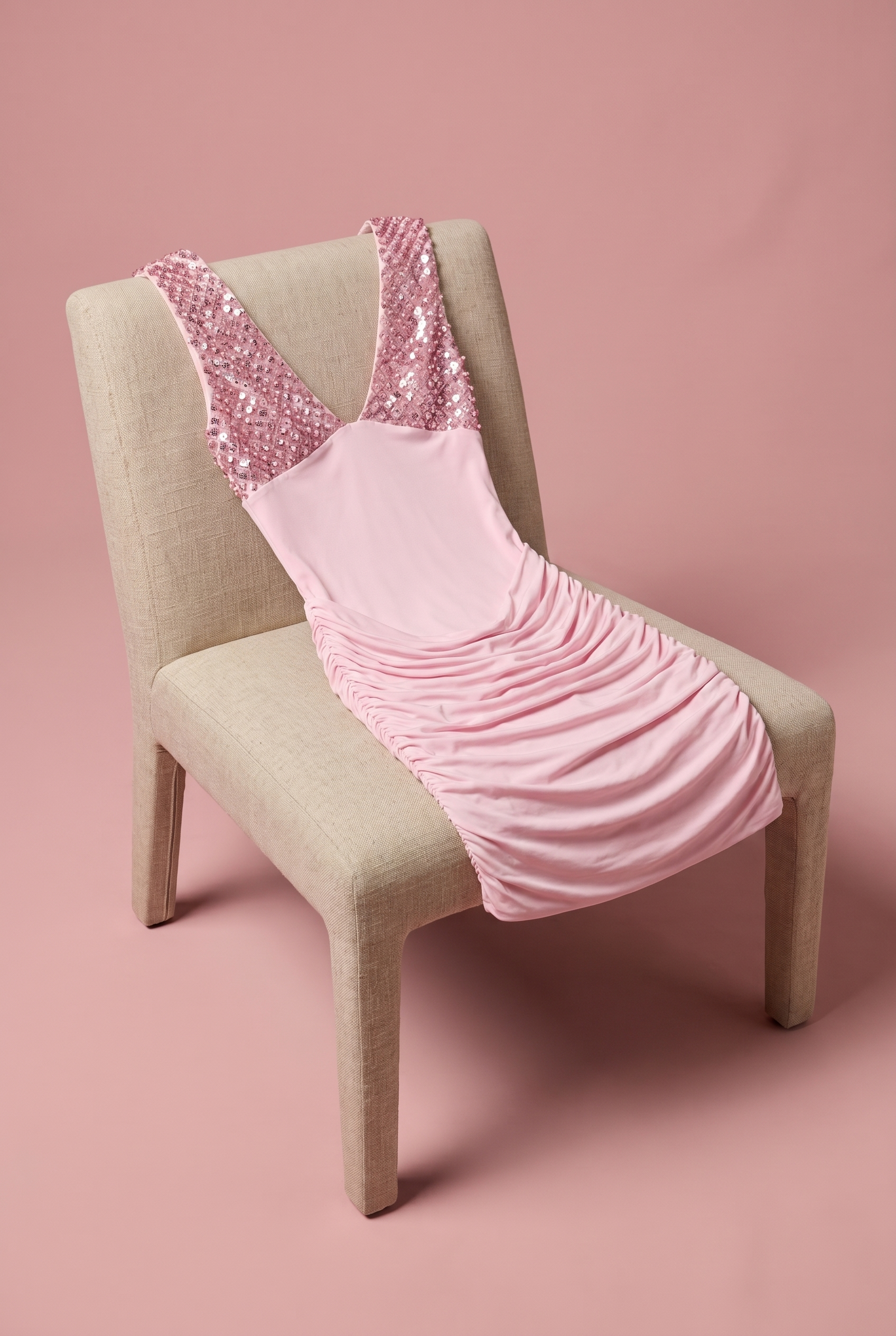 İşlemeli Derin Yaka Mini Elbise Blush Pembe